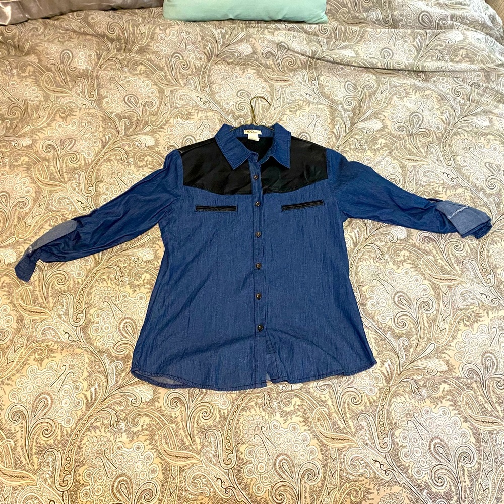 Vegan Leather Yoke Cotton Button Up